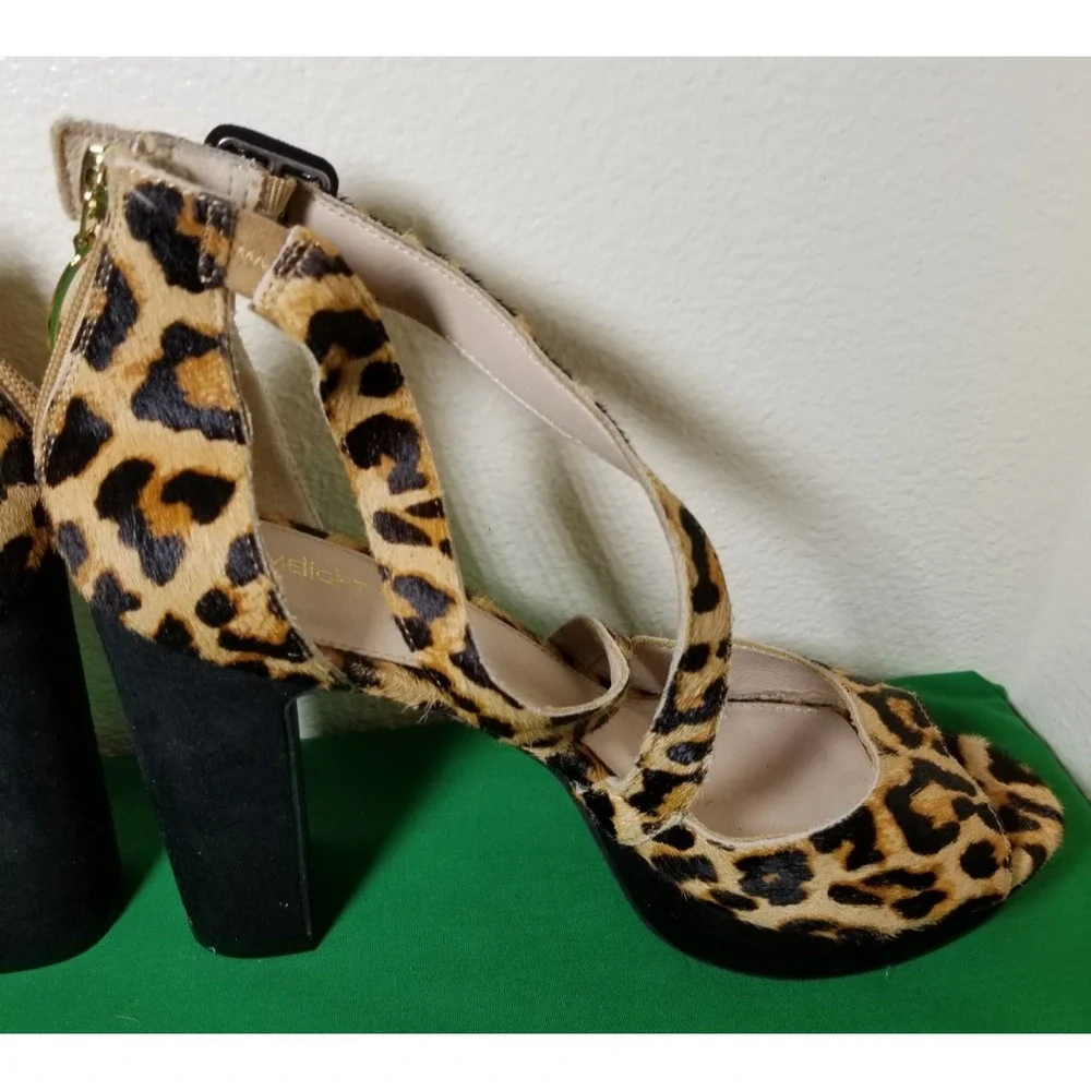 Limelight Brown Leopard Platform Block Heel Ankle Strap Women Size 11 Retro City